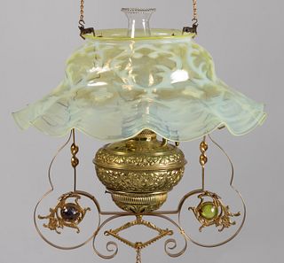 VICTORIAN SPANISH LACE OPALESCENT GLASS AND METAL KEROSENE HANGING / LIBRARY LAMP