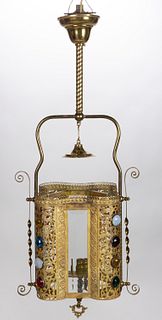 VICTORIAN LOBED BRASS AND JEWELED HANGING GAS HALL LAMP