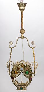VICTORIAN JEWELLED GLASS AND BRASS ELECTRIC HALL LAMP