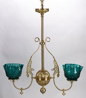 VICTORIAN STAMPED BRASS DOUBLE-ARM GAS HANGING CHANDELIER