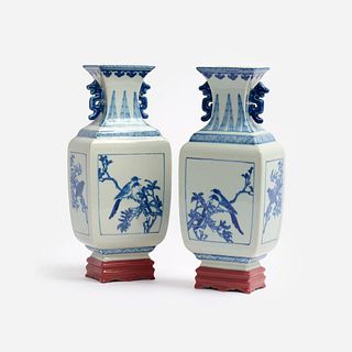 Fine Pair of Chinese B&W Rectangular Bird Vases