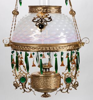 VICTORIAN OPALESCENT HOBNAIL / DEW DROP GLASS AND JEWELED KEROSENE HANGING / LIBRARY LAMP