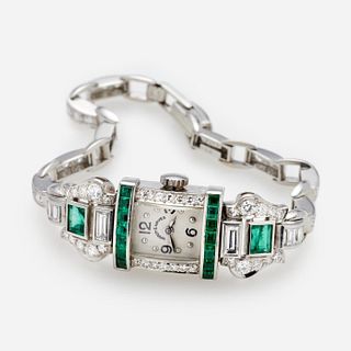 Platinum Art Deco Diamond and Emerald Ladies Watch