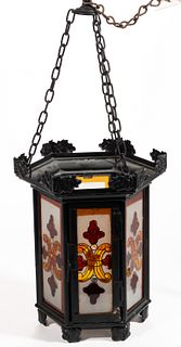 METAL AND STAINED GLASS HANGING HALL CANDLE LANTERN / LAMP