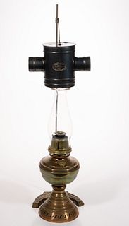 BRASS AND SHEET-IRON PATENTED FALLS HEATER KEROSENE STAND LAMP