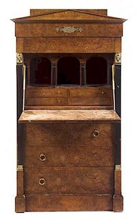 * An Empire Style Gilt Metal Mounted Burlwood Secretaire a Abattant Height 58 x width 33 1/8 x depth 16 5/8 inches.