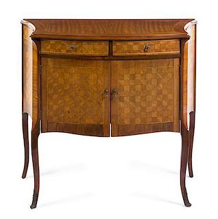 A Louis XVI Style Parquetry Decorated Commode Height 32 1/2 x width 36 x depth 17 inches.