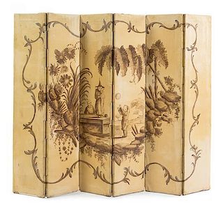 A Continental Chinoiserie Painted Floor Screen Height of each panel 42 1/4 x width 9 inches.