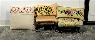 * A Group of Two Foot Stools and Three Associated Pillows. Height of tallest 7 1/2 inches.