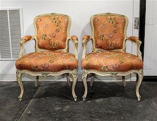 A Pair of Louis XVI Style Fauteuil Height 34 x width 18 x depth 22 inches.