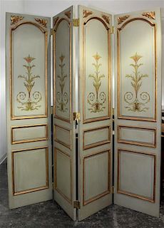 A Pair of Painted Four Panel Screens. Width of each panel 24 inches.