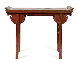 An Elmwood Altar Table Height 34 1/2 x width 43 1/4 x depth 15 1/2 inches.
