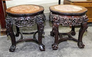 Three Carved Chinese Hardwood Taborets Height of taller 36 inches.