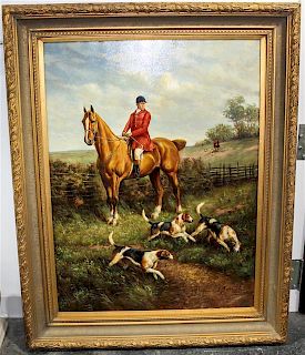 English School, (20th century), Hunting on Horseback with Hounds
