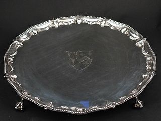 Large English Sterling Silver Crested Salver