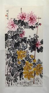 After Qian Songyan, (1899-1985), depicting yellow and pink chrysanthemums