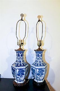 * A Pair of Chinese Blue and White Porcelain Vases Height of porcelain 13 1/2 inches.