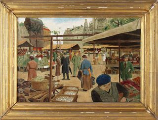 Robert Sloan, Oil on Board, "Market Scene" 