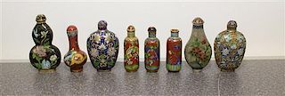 Eight Cloisonne Snuff Bottles Height of tallest 3 inches.
