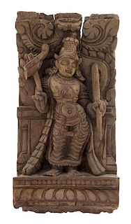 * An Indian Carved Wood Panel Height 12 3/4 x width 6 3/4 inches.