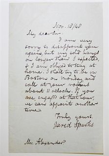 SPARKS, JARED  Autographed letter signed. One page. Dated November 18,  1848.