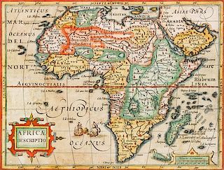 MAP Africae Descriptio. [Amsterdam]. Hand-colored engraved map of Africa. (7.75 x 8.75 inches) French text on verso.