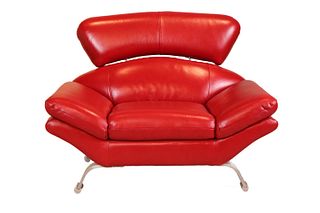 Modern Chrome and Red-Leather Club Chair