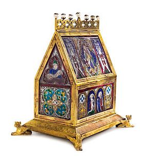 A Continental Stained and Painted Glass Mounted Gilt Bronze Chasse Form Casket Height 11 1/4 inches.