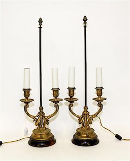 A Pair of Louis XVI Style Gilt Bronze Two-Light Candelabra Mounted as Lamps. Height 24 inches.