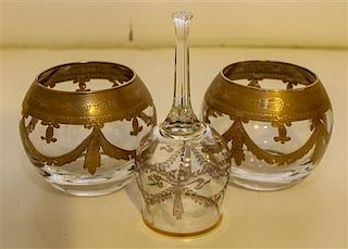 Three Gilt Glass Articles. Height of bowls 3 5/8 inches.