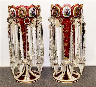 A Pair of Bohemian Glass Mantle Lustres Height of 13 1/2 inches.