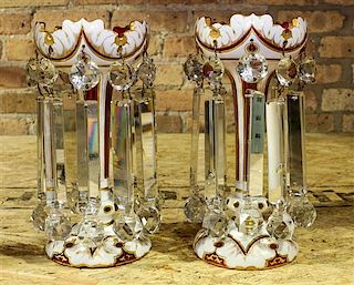 A Pair of Bohemian Glass Mantle Lustres Height of 10 1/2 inches.