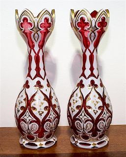 A Pair of Bohemian Glass Vases. Height of 11 inches.