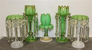 A Pair of Opaline Glass Mantle Lustres Height of tallest 14 inches.