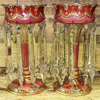 A Pair of Bohemian Glass Mantle Lustres. Height of 12 inches.