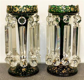 A Pair of Bohemian Green Glass Mantle Lustres Height 11 1/2 inches.