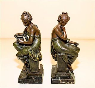 A Pair of French Bronze Figural Bookends Height 8 1/4 inches.