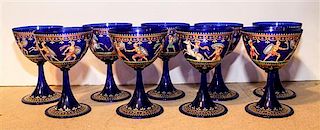Nine Painted Cobalt Glass Goblets. Height 6 inches.