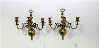 * A Pair of Dutch Baroque Style Three-Light Brass Sconces Height 12 1/2 inches.