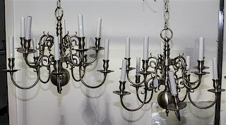 * A Pair of Dutch Baroque Style Pewter Ten-Light Chandeliers Height 18 inches.