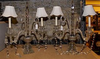 A Pair of English Cut Glass Two Light Candelabra Height 19 1/2 inches.