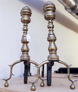 A Pair of Brass Andirons. Height 18 inches.