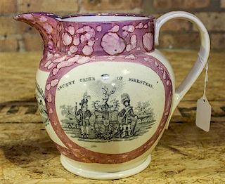 A Sunderland Pink Lusterware Pitcher Height of 7 1/2 inches.
