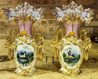 A Pair of Porcelain Mantle Vases. Height of 14 1/4 inches.