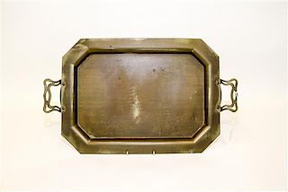 A Metal Handled Tray Width over handles 20 inches.