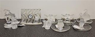 * A Group of Nine Lalique Glass Articles Width of clock 5 1/8 inches.