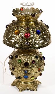 VICTORIAN BRASS AND JEWELLED KEROSENE PARLOR LAMP