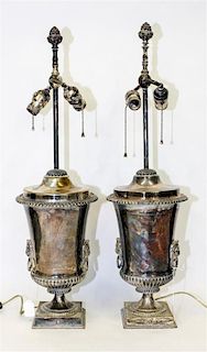 A Pair of Silver-Plate Urns Mounted as Lamps. Height 29 inches.