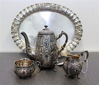 A German Silver Three Piece Tea Set Height of first 6 3/4 inches.