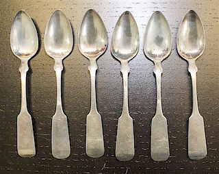 Six American Coin Silver Spoons Length 5 7/8 inches.